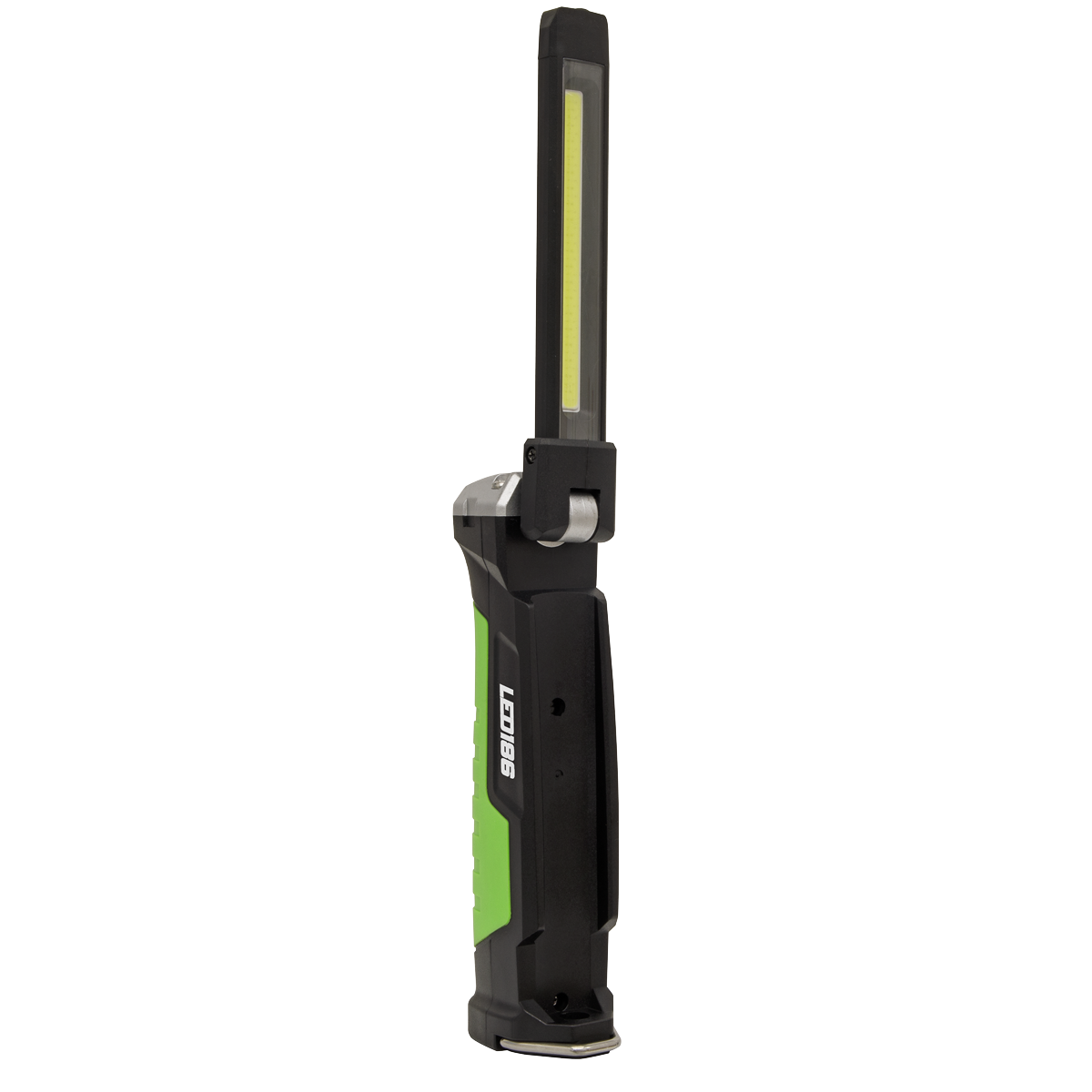 A Sealey Rechargeable Slim Folding Inspection Light 6W COB LED & 1W SMD LED Lithium-ion (LED186) stands upright against a white background, featuring a green and black color scheme with an adjustable arm for powerful illumination.