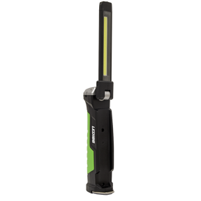 A Sealey Rechargeable Slim Folding Inspection Light 6W COB LED & 1W SMD LED Lithium-ion (LED186) stands upright against a white background, featuring a green and black color scheme with an adjustable arm for powerful illumination.