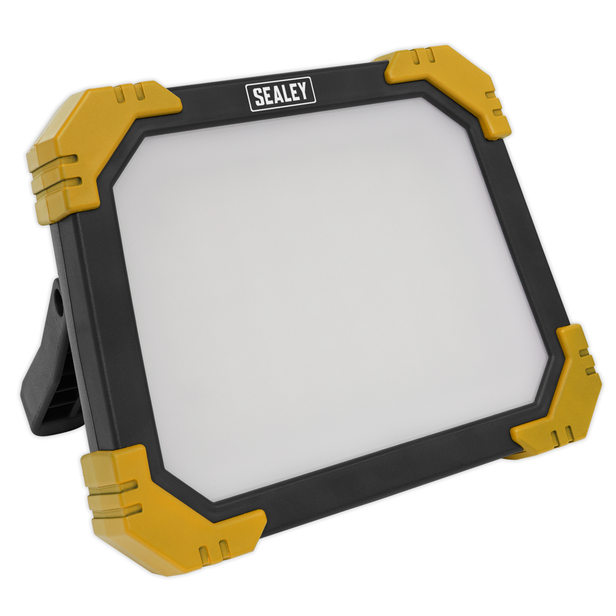 A rectangular SMD LED site light floodlight from Sealey, featuring a black frame with yellow corners and ultra-bright illumination, Product Name: Site Light 24W SMD LED 110V - LED24110.