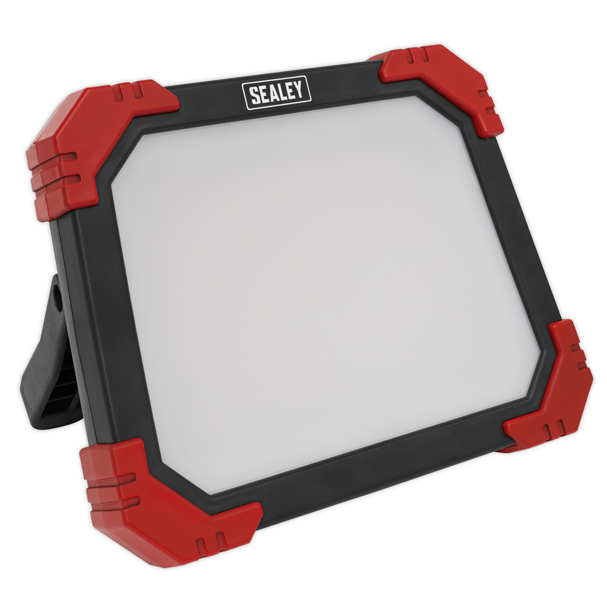 The Sealey Site Light 24W SMD LED 230V (LED24230) features a black and red casing, providing ultra-bright illumination from its large rectangular light panel and includes a foldable rear stand for convenience.