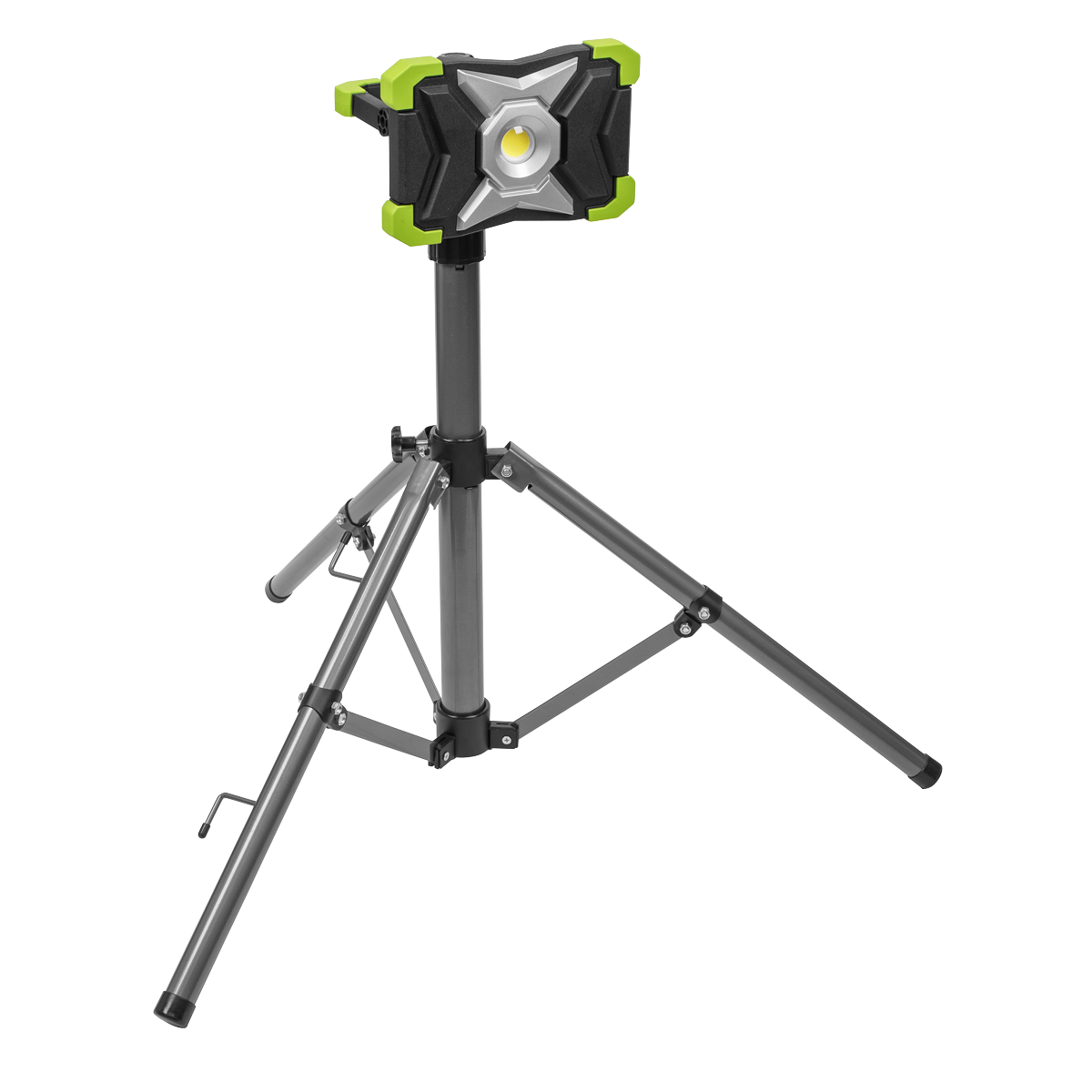 The Sealey LED3000PBKIT is a 30W COB LED portable floodlight mounted on a telescopic tripod stand, featuring a sleek black and green housing.