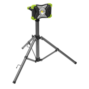 The Sealey LED3000PBKIT is a 30W COB LED portable floodlight mounted on a telescopic tripod stand, featuring a sleek black and green housing.