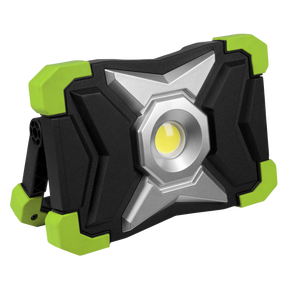 Introducing the Sealey 30W COB LED Portable Floodlight and Power Bank (LED3000PB) – a durable work light with a black and green design, boasting a central bulb, foldable stand, and rechargeable battery.