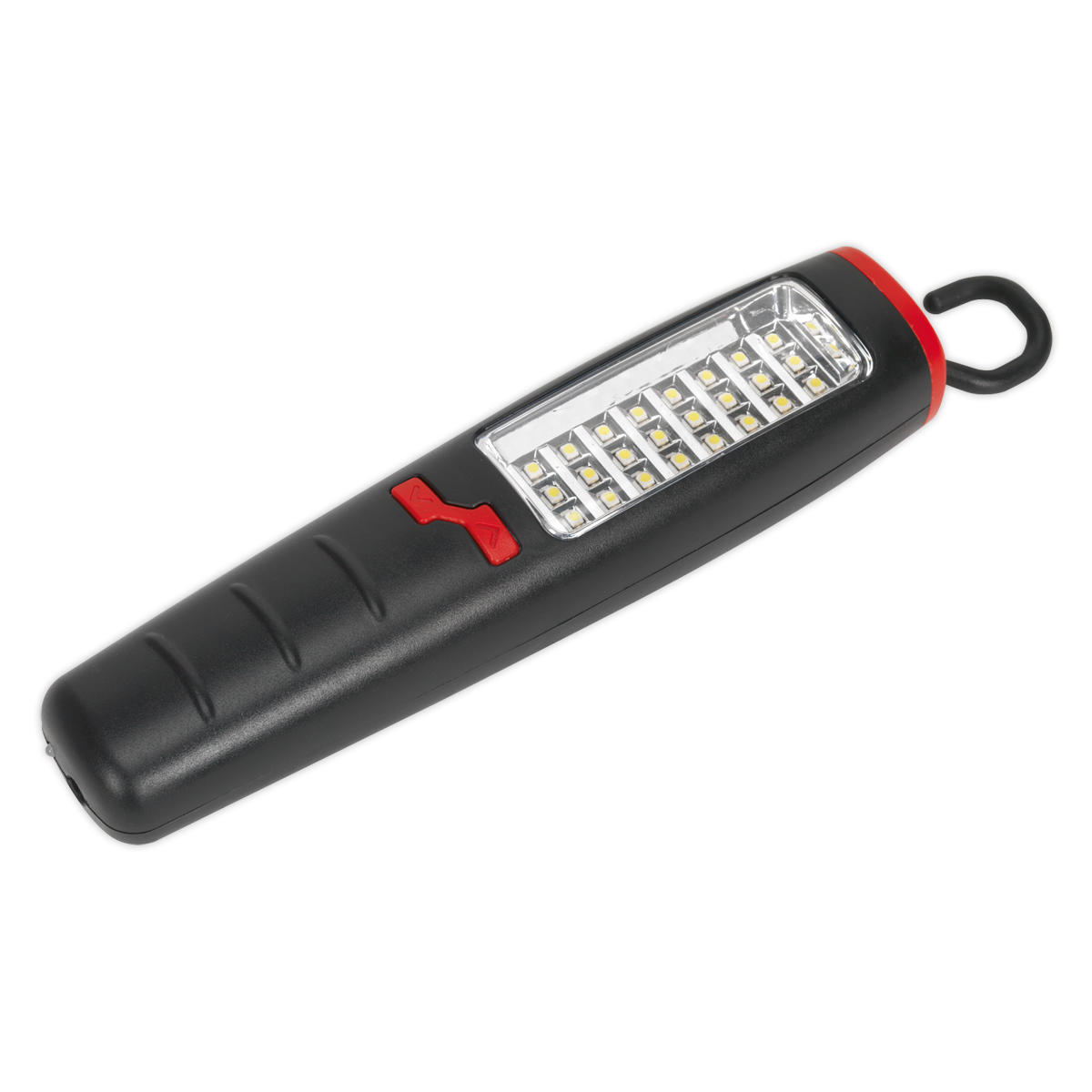 The Sealey Rechargeable Inspection Light 2.5W & 0.5W SMD LED Lithium-ion - LED307 is a heavy-duty black handheld flashlight equipped with a ring at one end and multiple SMD LEDs covered by a clear plastic panel on the front, along with a red switch for easy operation.