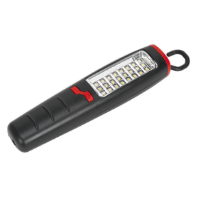 The Sealey Rechargeable Inspection Light 2.5W & 0.5W SMD LED Lithium-ion - LED307 is a heavy-duty black handheld flashlight equipped with a ring at one end and multiple SMD LEDs covered by a clear plastic panel on the front, along with a red switch for easy operation.