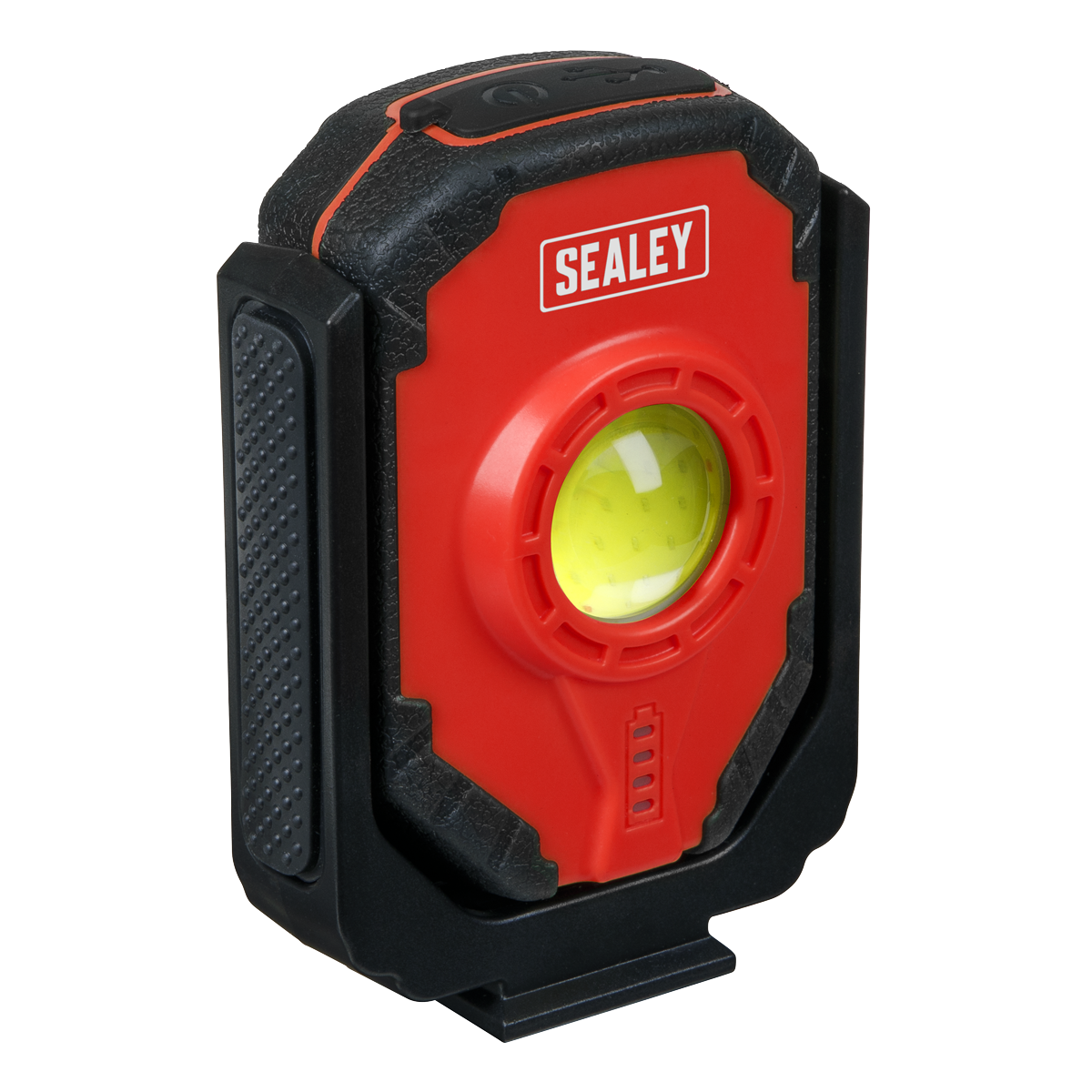 The Sealey Rechargeable Worklight 15W COB LED - LED315 is a compact worklight with a red and black casing, featuring a yellow lens in the center and a textured grip on the side. This 360° rotatable LED light also includes an emergency power bank function for added convenience.