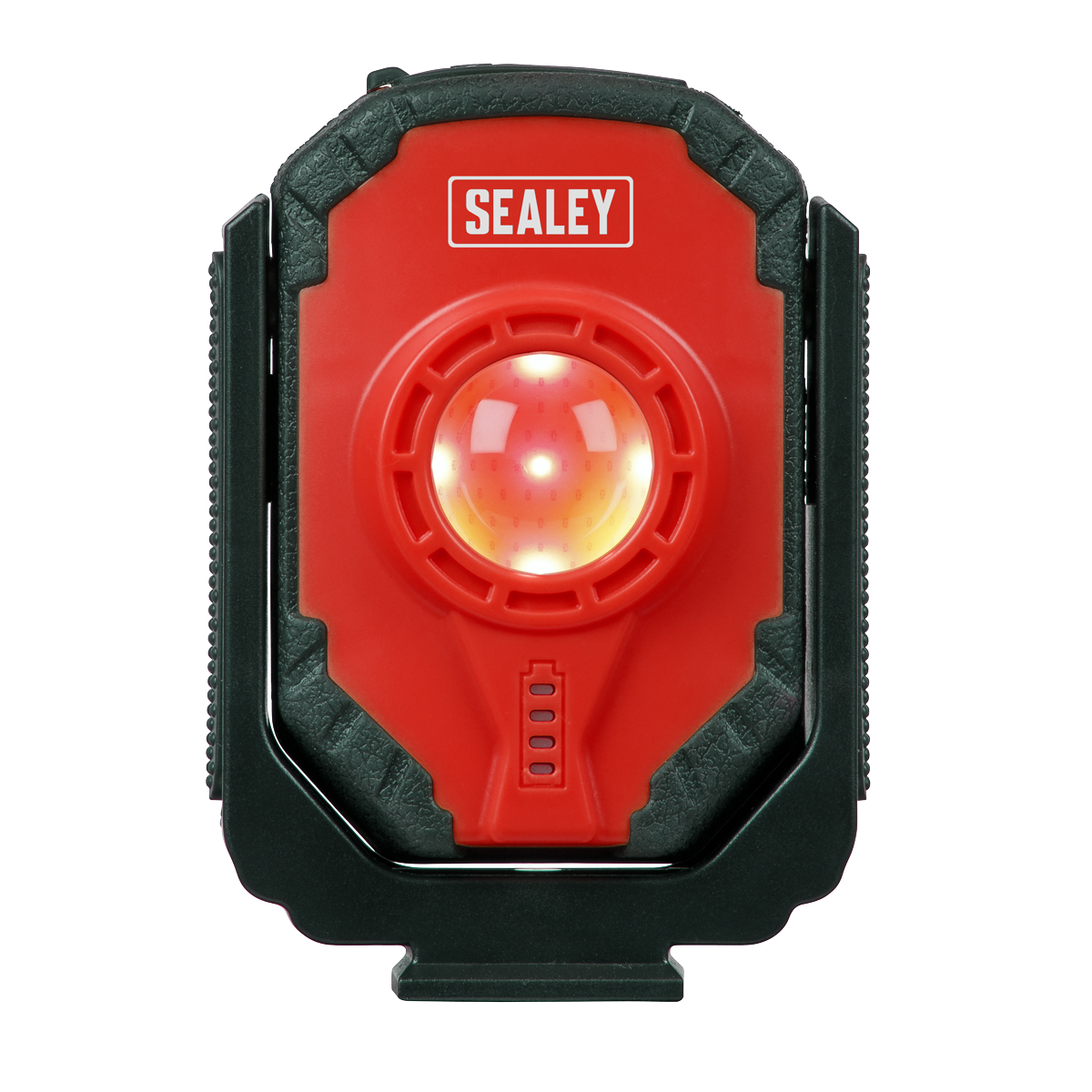 A Sealey Rechargeable Worklight 15W COB LED (LED315) in red and black, featuring a magnetic base and an emergency power bank function.