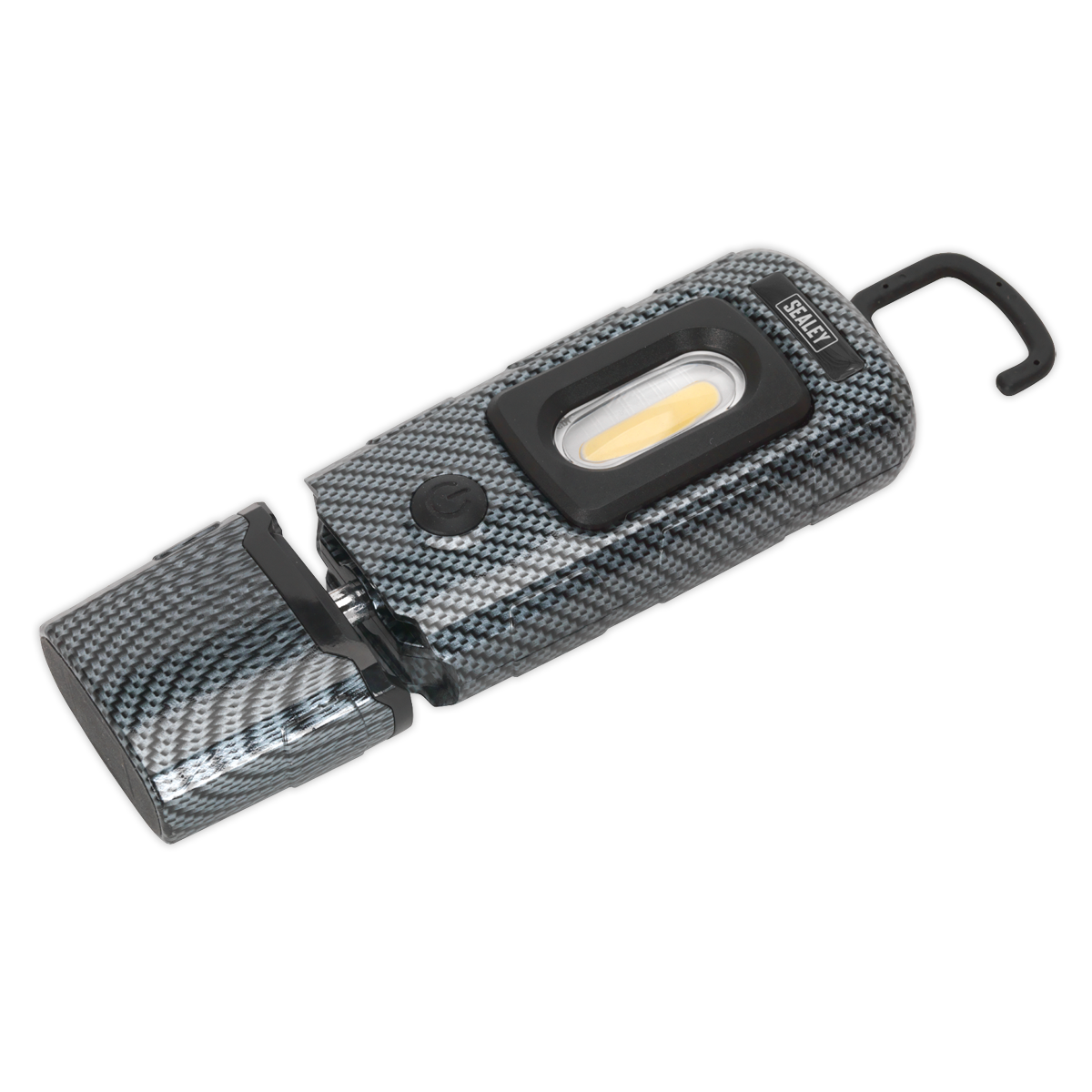 The Sealey Rechargeable 360° Inspection Light, model LED3601CF, features a compact and lightweight design with a carbon fibre effect. This gray portable LED light includes a hook attachment and a small control button, designed with a textured finish. Equipped with both a super bright 3W COB LED and 1W SMD LED, it offers versatile use in any situation thanks to its 360° swivel tilt capability.