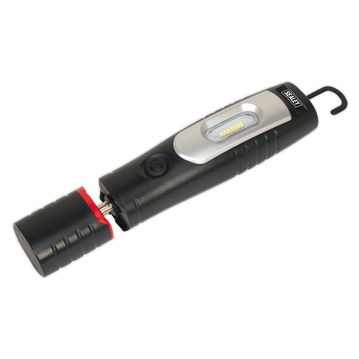 The Sealey Rechargeable 360° Inspection Light 7 SMD & 3W SMD LED Black Lithium-ion - LED3602 is a handheld flashlight equipped with super-bright LEDs, featuring a hook, a switch button, and a distinctive red cap at the base.