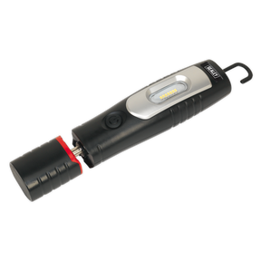 The Sealey Rechargeable 360° Inspection Light 7 SMD & 3W SMD LED Black Lithium-ion - LED3602 is a handheld flashlight equipped with super-bright LEDs, featuring a hook, a switch button, and a distinctive red cap at the base.
