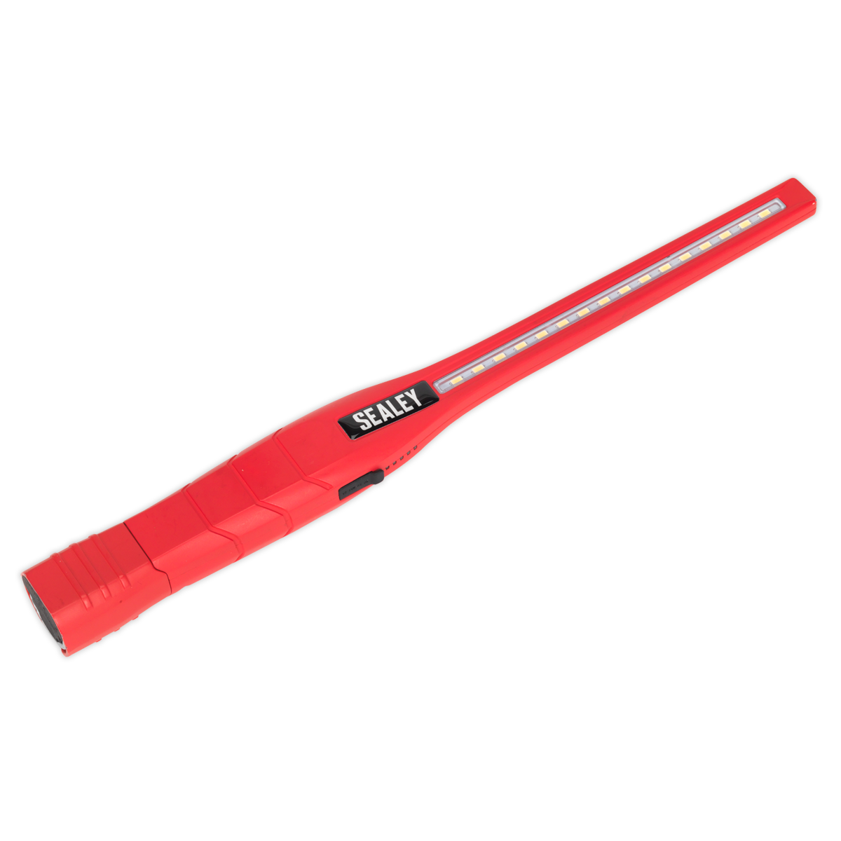 The Sealey Rechargeable 360° Slim Inspection Light LED3604R features a sleek, red design with black trim and is equipped with 8W and 1W SMD LEDs. It includes a 360° swivel light and runs on a durable lithium-ion battery.