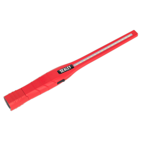 The Sealey Rechargeable 360° Slim Inspection Light LED3604R features a sleek, red design with black trim and is equipped with 8W and 1W SMD LEDs. It includes a 360° swivel light and runs on a durable lithium-ion battery.