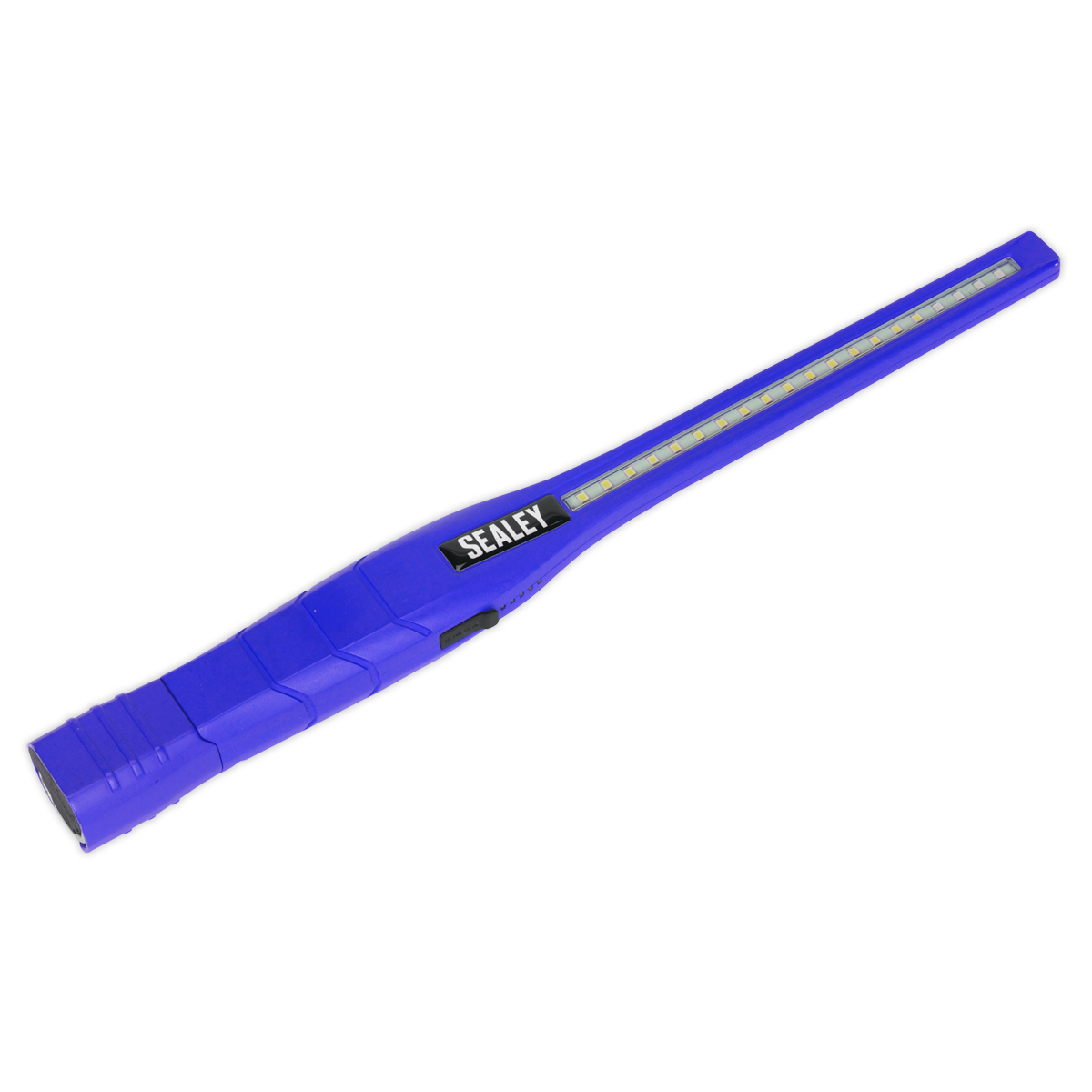 The Sealey Rechargeable 360° Slim Inspection Light (model LED3604UV) features a sleek black design and utilizes super bright SMD LEDs along with UV light.