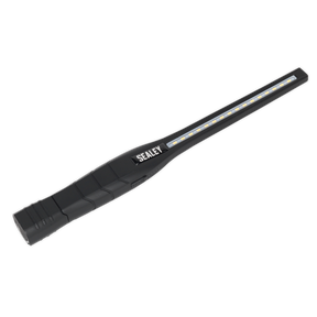 The Sealey Rechargeable 360° Slim Inspection Light 8W & 1W SMD LED in black, named LED3604, features super bright SMD LEDs along its length, a textured grip handle, and a 360° swivel and tilt light for versatile illumination.