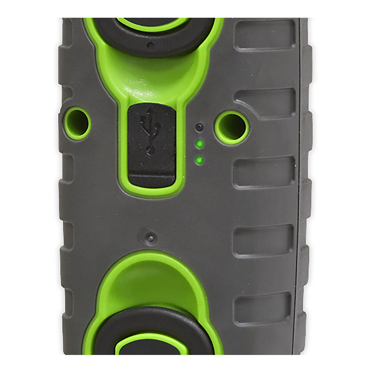 Close-up of the Sealey Rechargeable 360° Inspection Lamp (LED3606G) with gray and green casing, featuring a USB port, a small LED indicator, two rubberized grip areas, and powerful SMD LEDs providing 1000 lumens.