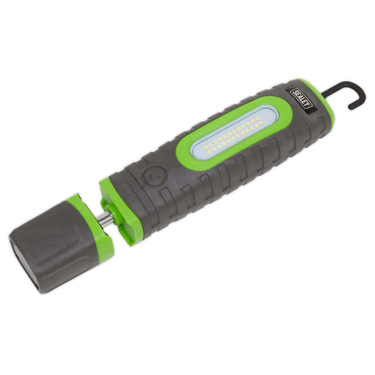 The Sealey Rechargeable 360° Inspection Lamp (LED3606G) boasts a striking black and green design, featuring 24 SMD LEDs and a 3W SMD LED that together produce 1000 lumens of bright light. Equipped with a 360° swivel hook on one end for versatile handling, this handheld lamp also includes a detachable cap that covers the USB charging port, enhancing its functionality.