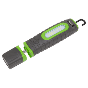 The Sealey Rechargeable 360° Inspection Lamp (LED3606G) boasts a striking black and green design, featuring 24 SMD LEDs and a 3W SMD LED that together produce 1000 lumens of bright light. Equipped with a 360° swivel hook on one end for versatile handling, this handheld lamp also includes a detachable cap that covers the USB charging port, enhancing its functionality.
