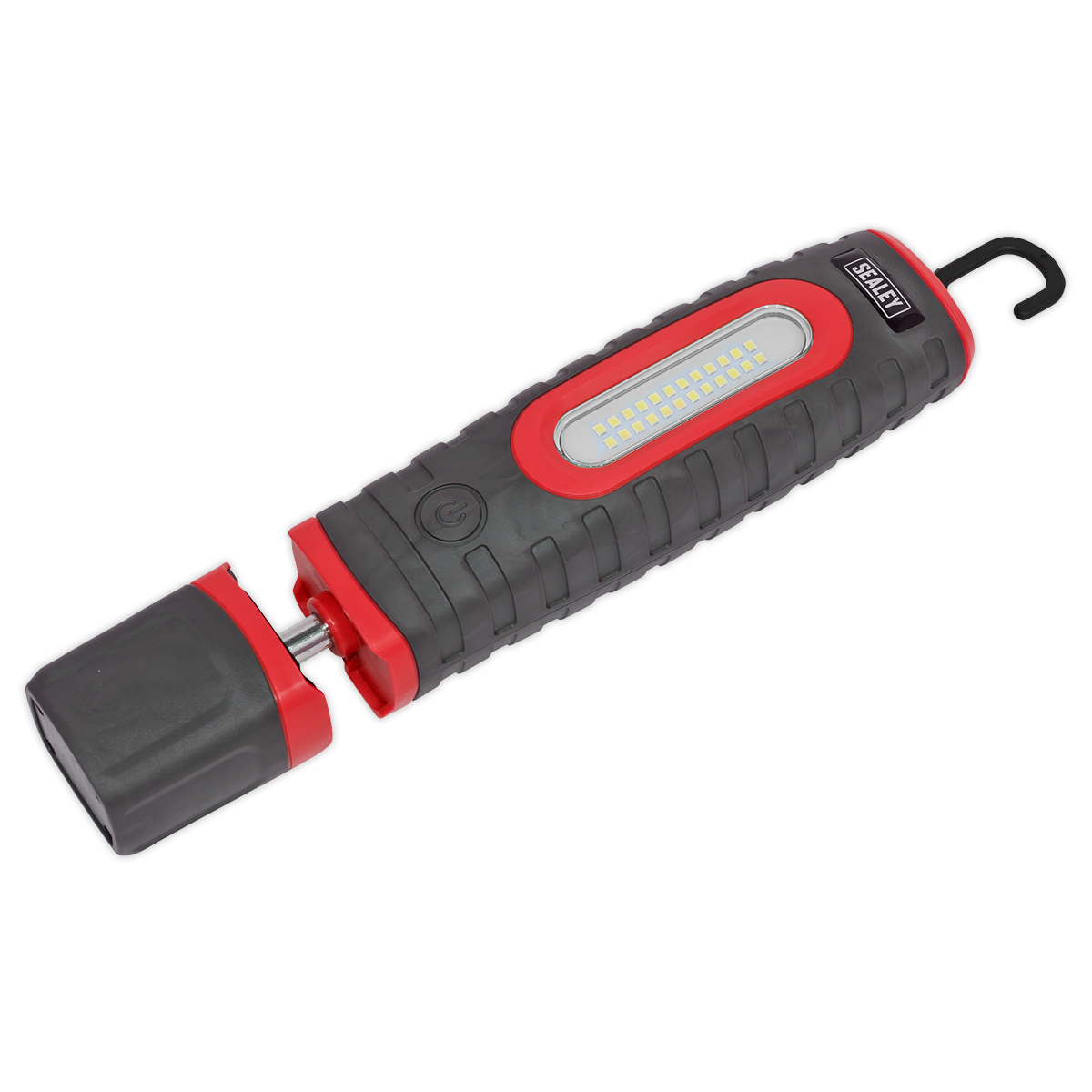 Presenting the Sealey Rechargeable 360° Inspection Light (LED3606R), a red and black handheld LED work light featuring 1000 lumens. It comes equipped with a hook for hanging, a removable cap covering the charging port, and is powered by two lithium-ion batteries. This versatile light offers 360° swivel and tilt for optimal convenience.