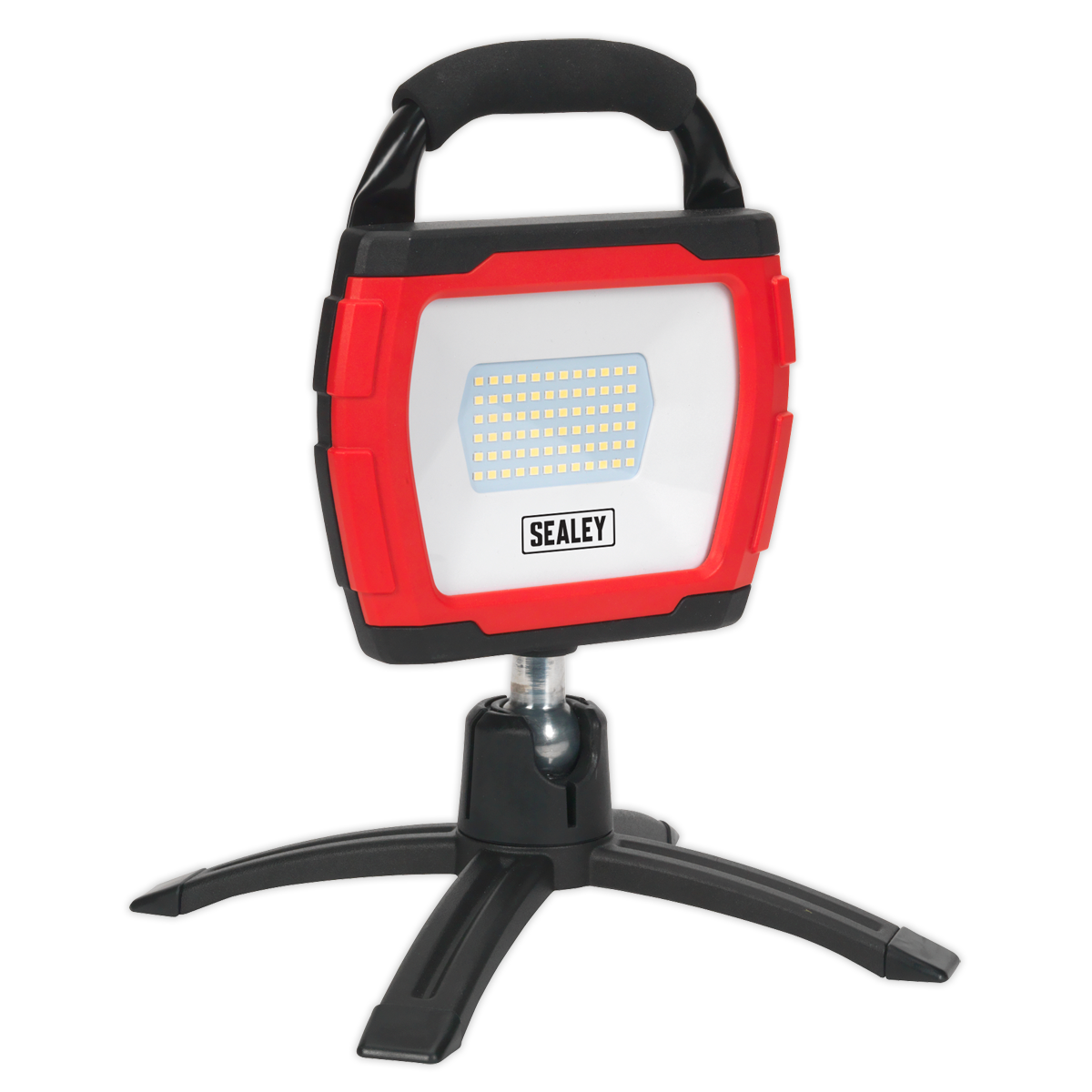 The Sealey Rechargeable 360° Floodlight 36W SMD LED Portable Red Lithium-ion - LED360FR features a red and black design with a triangular tripod base, a handle on top, and a powerful 360° swivel work light equipped with 72 SMD LEDs.