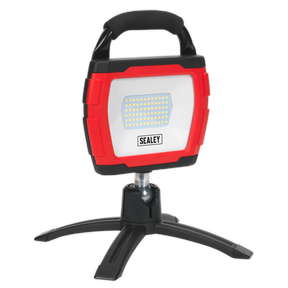 The Sealey Rechargeable 360° Floodlight 36W SMD LED Portable Red Lithium-ion - LED360FR features a red and black design with a triangular tripod base, a handle on top, and a powerful 360° swivel work light equipped with 72 SMD LEDs.