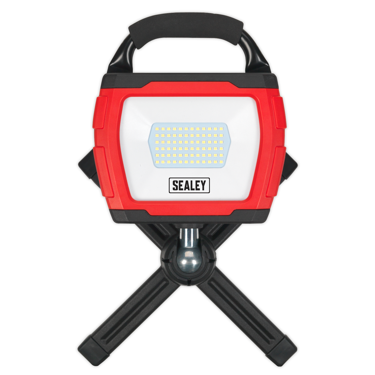 A portable Sealey LED work light, named "Rechargeable 360° Floodlight 36W SMD LED Portable Red Lithium-ion - LED360FR," features a red frame, an adjustable tripod stand, 72 SMD LEDs, and a 360° swivel function for versatile illumination.