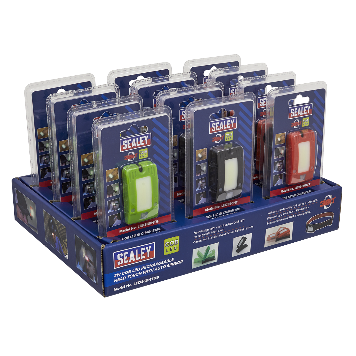 A display of Sealey Rechargeable Head Torch Auto-Sensor Black 2W COB LED, arranged in a blue branded cardboard tray. The pack includes 12 head torches, each packaged in blister packs.