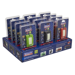 A display of Sealey Rechargeable Head Torch Auto-Sensor Black 2W COB LED, arranged in a blue branded cardboard tray. The pack includes 12 head torches, each packaged in blister packs.