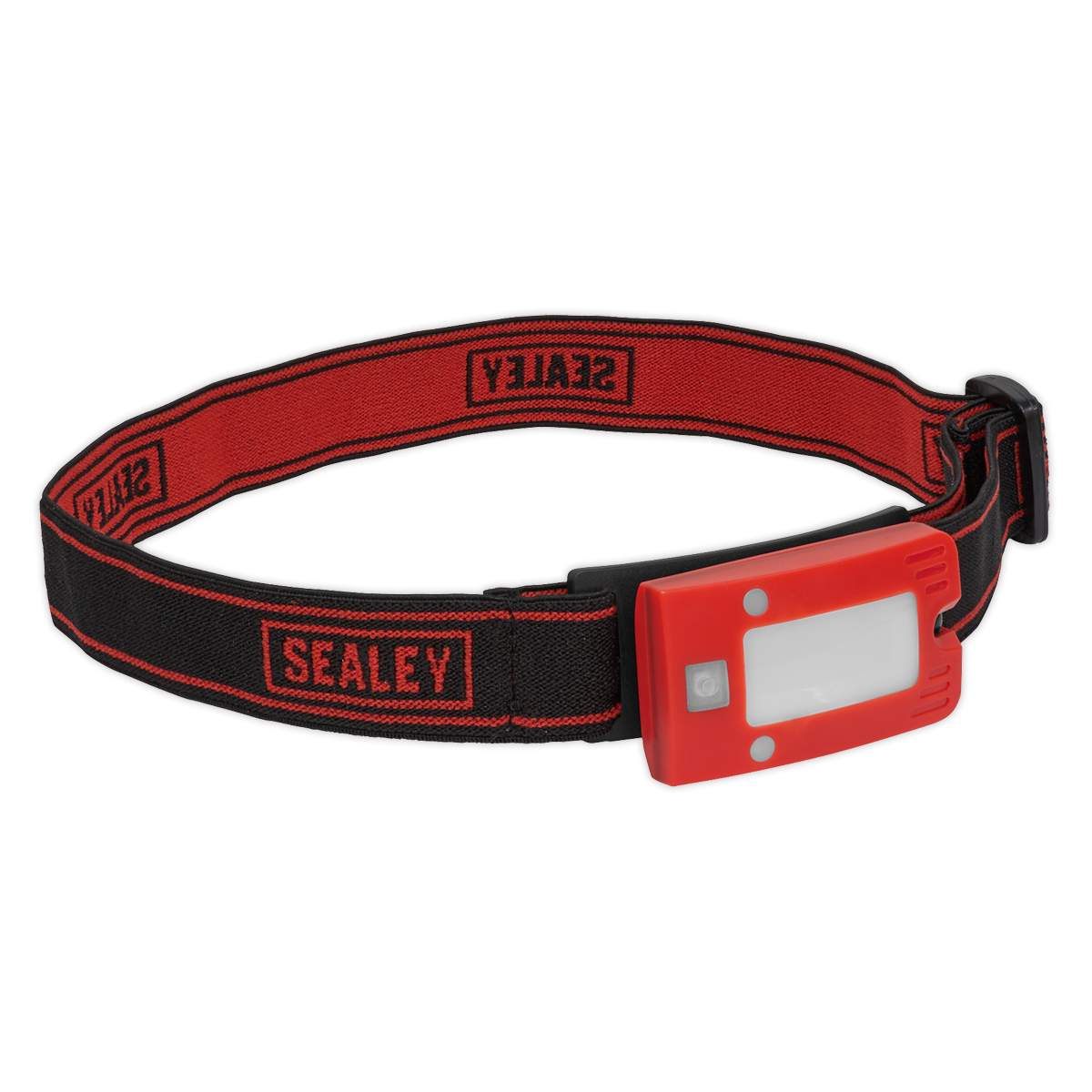 A Sealey Rechargeable Head Torch 2W COB LED Auto-Sensor in red, model LED360HTR, featuring an adjustable strap and a rechargeable LED light.