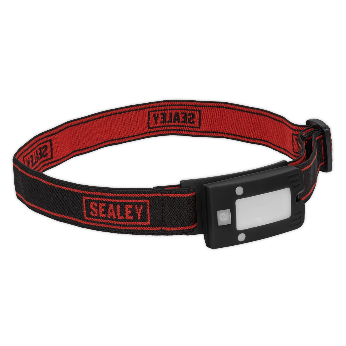 Introducing the Rechargeable Head Torch 2W COB LED Auto-Sensor Black - LED360HT from Sealey, featuring a black and red design with an adjustable head/wrist band. This 360° multifunctional headlamp includes a rectangular light at the front and an auto-sensor function for added convenience.