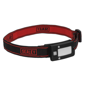 Introducing the Rechargeable Head Torch 2W COB LED Auto-Sensor Black - LED360HT from Sealey, featuring a black and red design with an adjustable head/wrist band. This 360° multifunctional headlamp includes a rectangular light at the front and an auto-sensor function for added convenience.