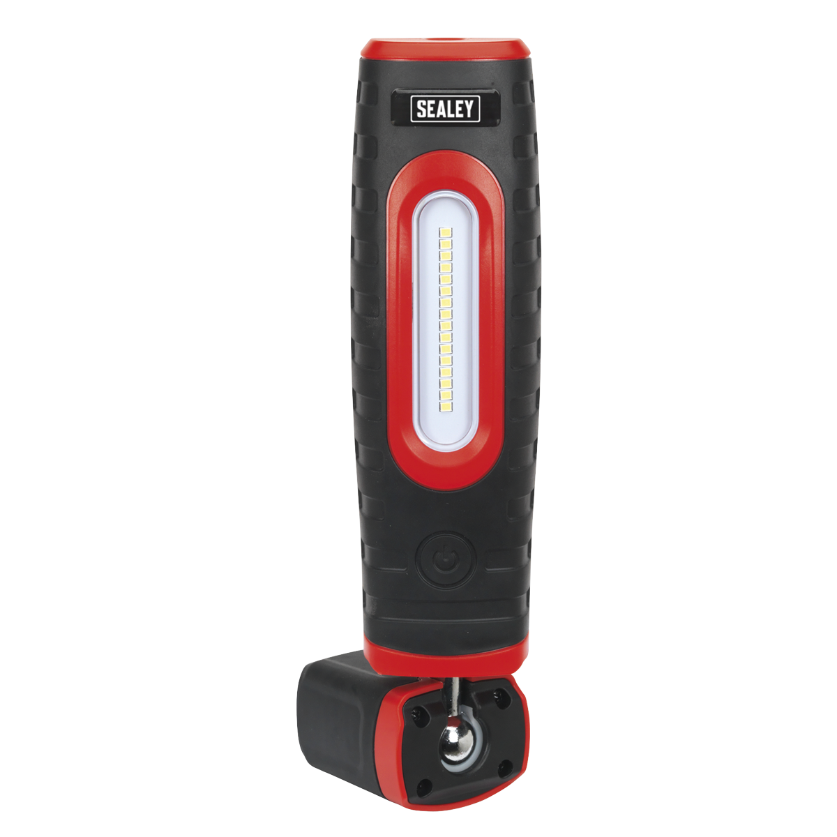 The Sealey Rechargeable 360° Inspection Light LED360PLUS in black features a folding base, 700 lumens output, and an array of 16 SMD and 3W SMD LED bulbs at the center. Equipped with rechargeable lithium-ion batteries and a versatile 360° swivel and tilt function, this work light is both powerful and adaptable.