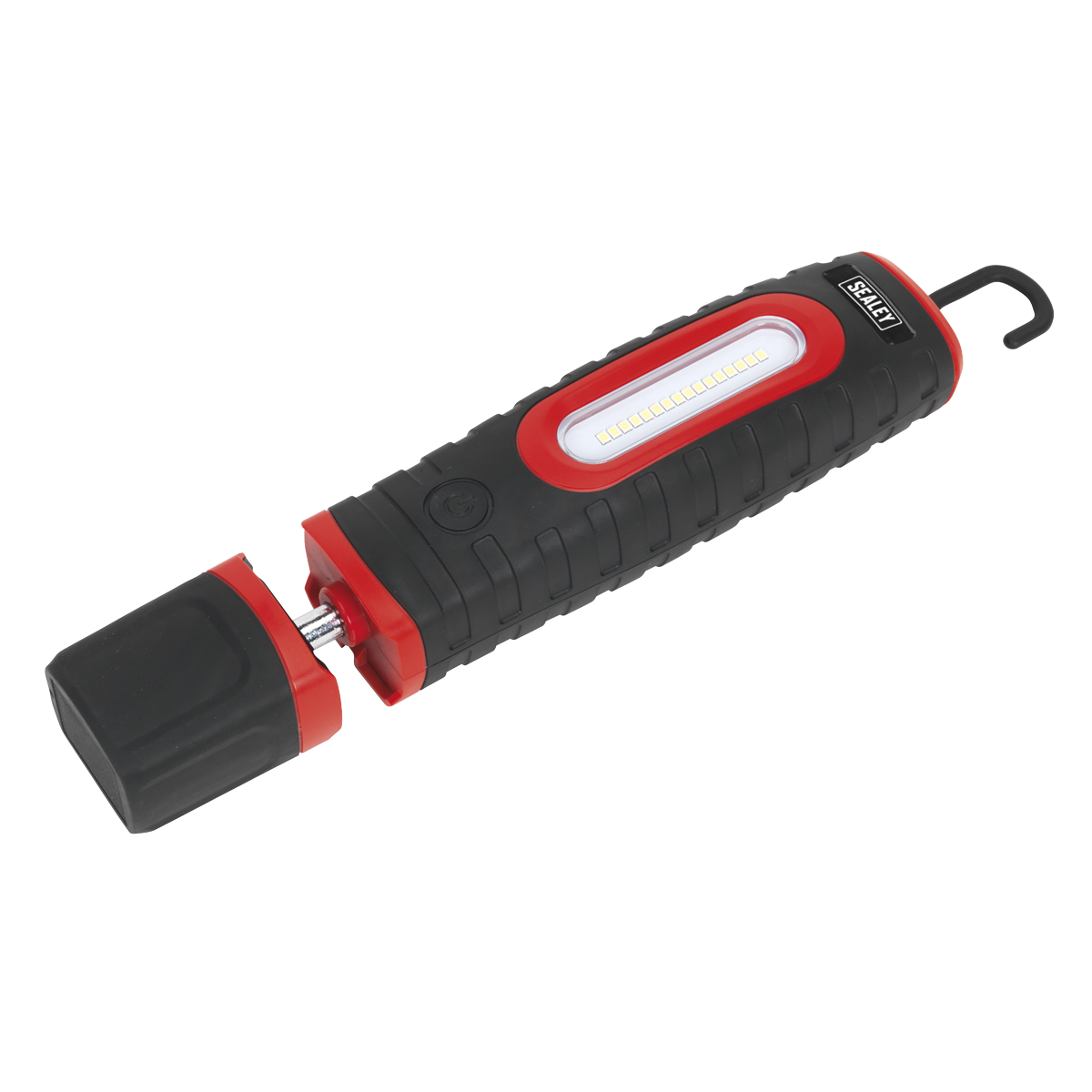 The Sealey LED360PLUS Rechargeable 360° Inspection Light features a black and red design with a hook at one end and an open battery compartment at the other, showcasing the two rechargeable lithium-ion batteries inside. With a stellar 700 lumens output, this handheld light also offers a versatile 360° swivel and tilt function.