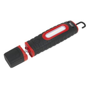 The Sealey LED360PLUS Rechargeable 360° Inspection Light features a black and red design with a hook at one end and an open battery compartment at the other, showcasing the two rechargeable lithium-ion batteries inside. With a stellar 700 lumens output, this handheld light also offers a versatile 360° swivel and tilt function.