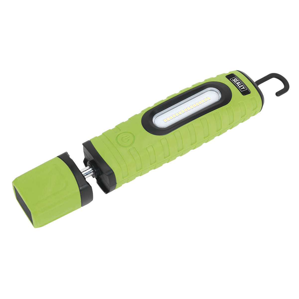 The Sealey Rechargeable 360° Inspection Light, model LED360PLUSG, is a green handheld work light featuring a 700 lumens output with 16 SMD and 3W SMD LEDs. It includes a black hook for hanging, a removable cap, and comes with rechargeable lithium-ion batteries that allow for 360° swivel and tilt.