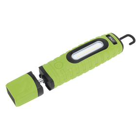 The Sealey Rechargeable 360° Inspection Light, model LED360PLUSG, is a green handheld work light featuring a 700 lumens output with 16 SMD and 3W SMD LEDs. It includes a black hook for hanging, a removable cap, and comes with rechargeable lithium-ion batteries that allow for 360° swivel and tilt.