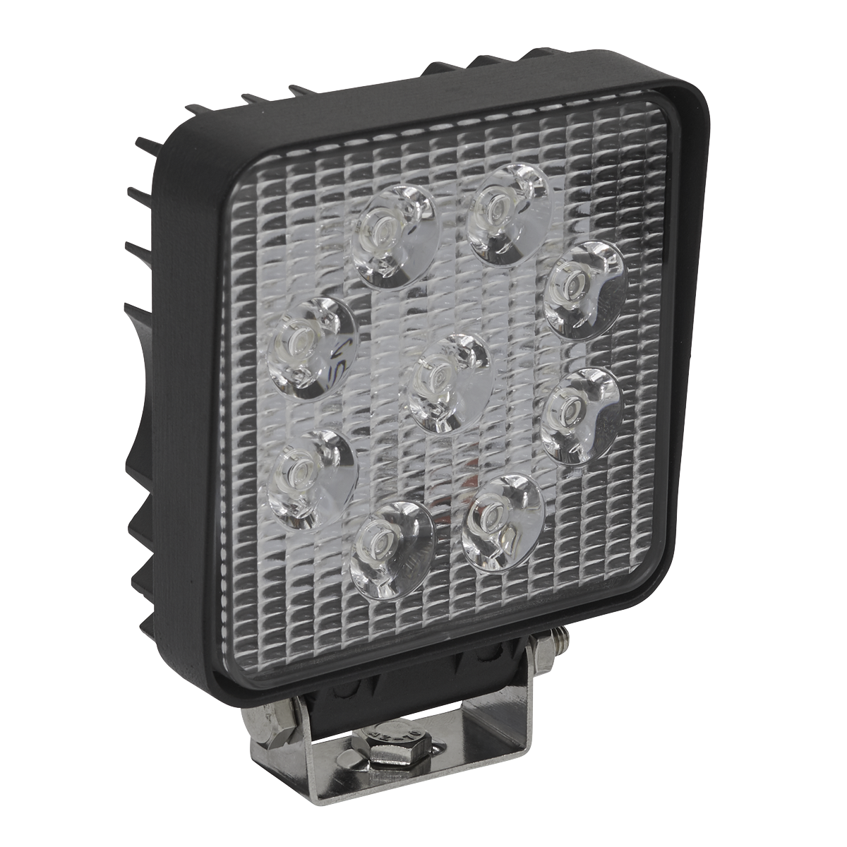 The Sealey Square Worklight with Mounting Bracket 27W SMD LED - LED3S features nine high-power LEDs, enclosed in a black casing with a textured front lens, and mounted on a metal bracket. This work light boasts an IP68 waterproof rating, ensuring durability in the toughest conditions.