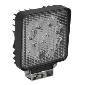 The Sealey Square Worklight with Mounting Bracket 27W SMD LED - LED3S features nine high-power LEDs, enclosed in a black casing with a textured front lens, and mounted on a metal bracket. This work light boasts an IP68 waterproof rating, ensuring durability in the toughest conditions.