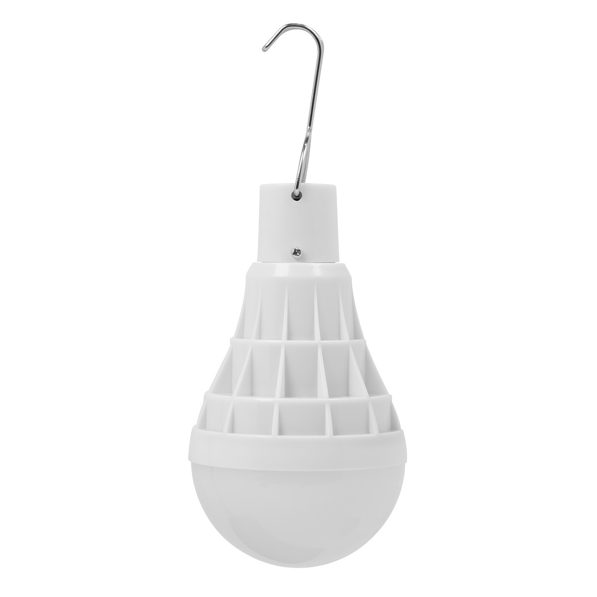 The Sealey Rechargeable 3W SMD LED Bulb - LED3WB features a plastic base and a metal hook attached at the top. It delivers 170 lumens of brightness, making it perfect for emergency situations.