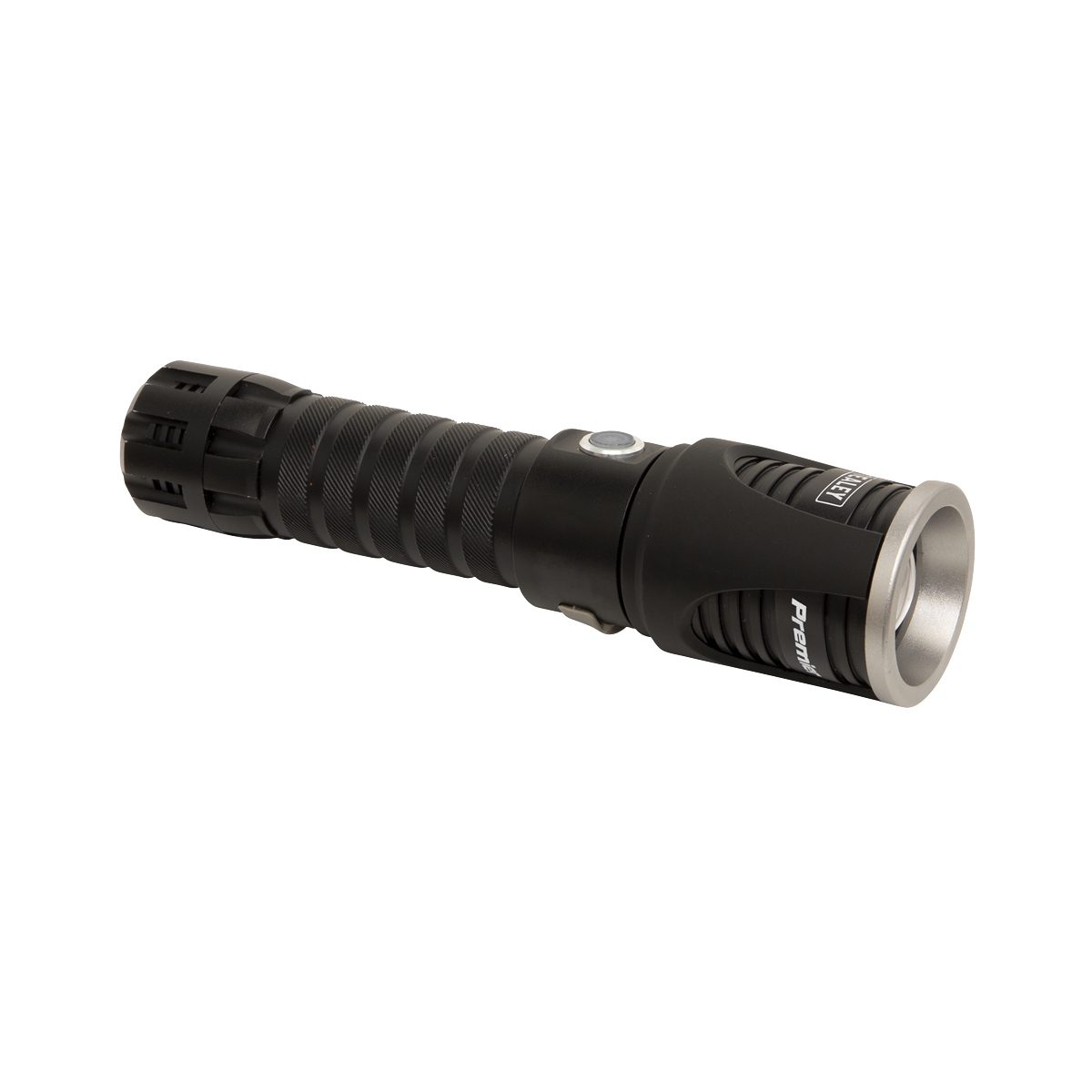 The Sealey Aluminium Torch 5W SMD LED Adjustable Focus Rechargeable with USB Port - LED4491, features a black textured grip, a side power button, and a silver-toned bezel. It includes a rechargeable battery and emits up to 750 lumens.