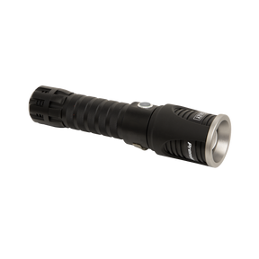 The Sealey Aluminium Torch 5W SMD LED Adjustable Focus Rechargeable with USB Port - LED4491, features a black textured grip, a side power button, and a silver-toned bezel. It includes a rechargeable battery and emits up to 750 lumens.