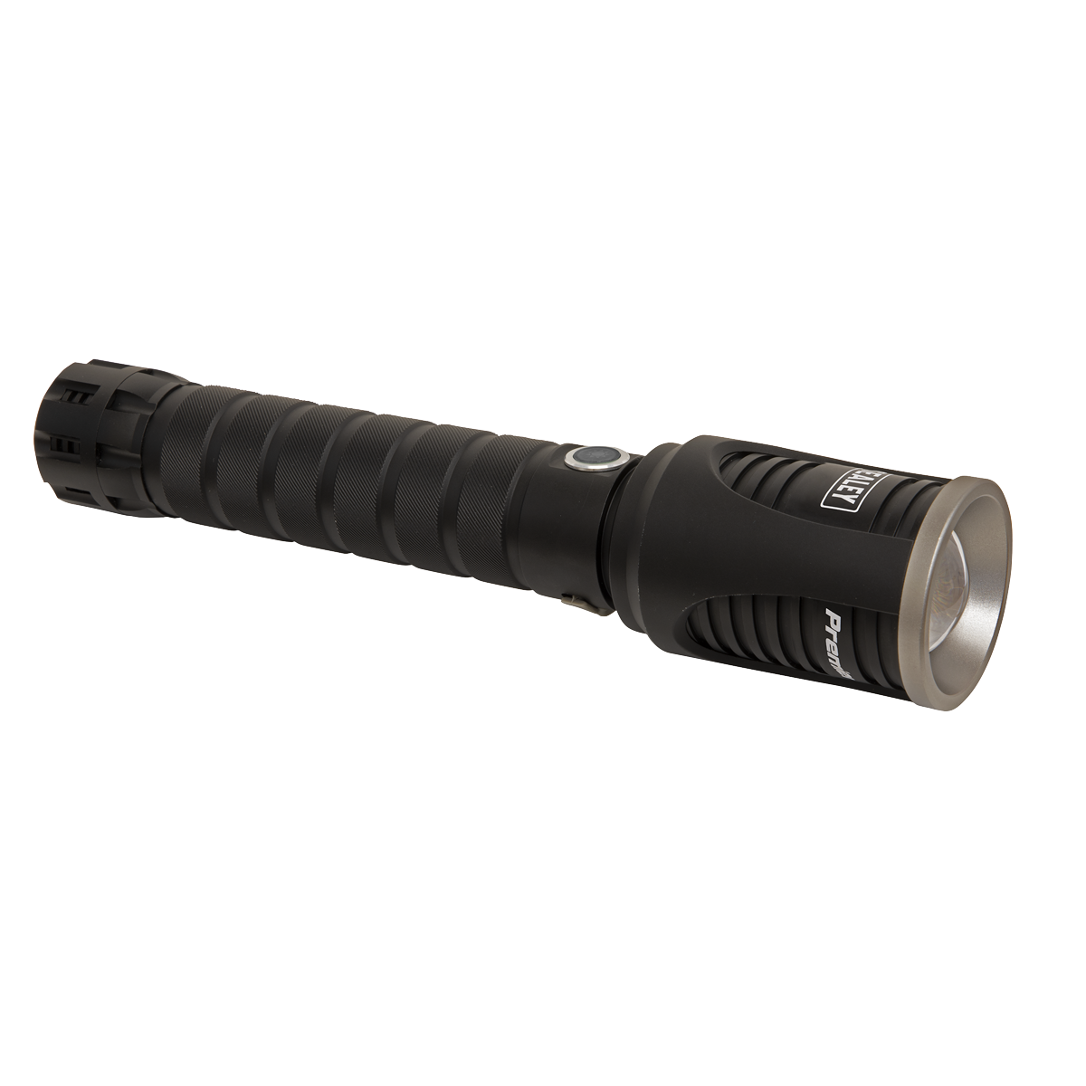 The Sealey Aluminium Torch 60W COB LED Adjustable Focus Rechargeable with USB Port - LED4494 is a black tactical flashlight with a grooved handle and a power button near the head, featuring an impressive 4000 lumens of brightness.