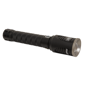 The Sealey Aluminium Torch 60W COB LED Adjustable Focus Rechargeable with USB Port - LED4494 is a black tactical flashlight with a grooved handle and a power button near the head, featuring an impressive 4000 lumens of brightness.
