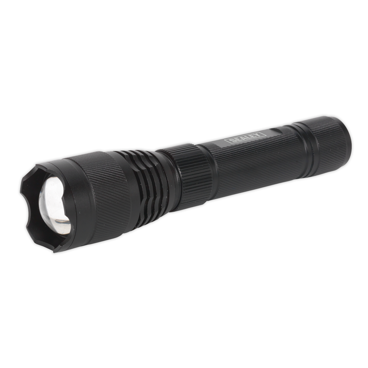 The Sealey Aluminium Torch 10W SMD LED Adjustable Focus Rechargeable - LED449 is a black, handheld flashlight featuring a textured grip and a large front lens, capable of producing up to 720 lumens.