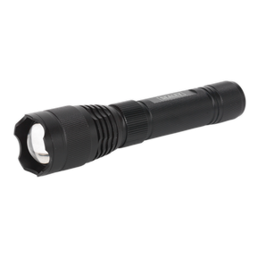The Sealey Aluminium Torch 10W SMD LED Adjustable Focus Rechargeable - LED449 is a black, handheld flashlight featuring a textured grip and a large front lens, capable of producing up to 720 lumens.