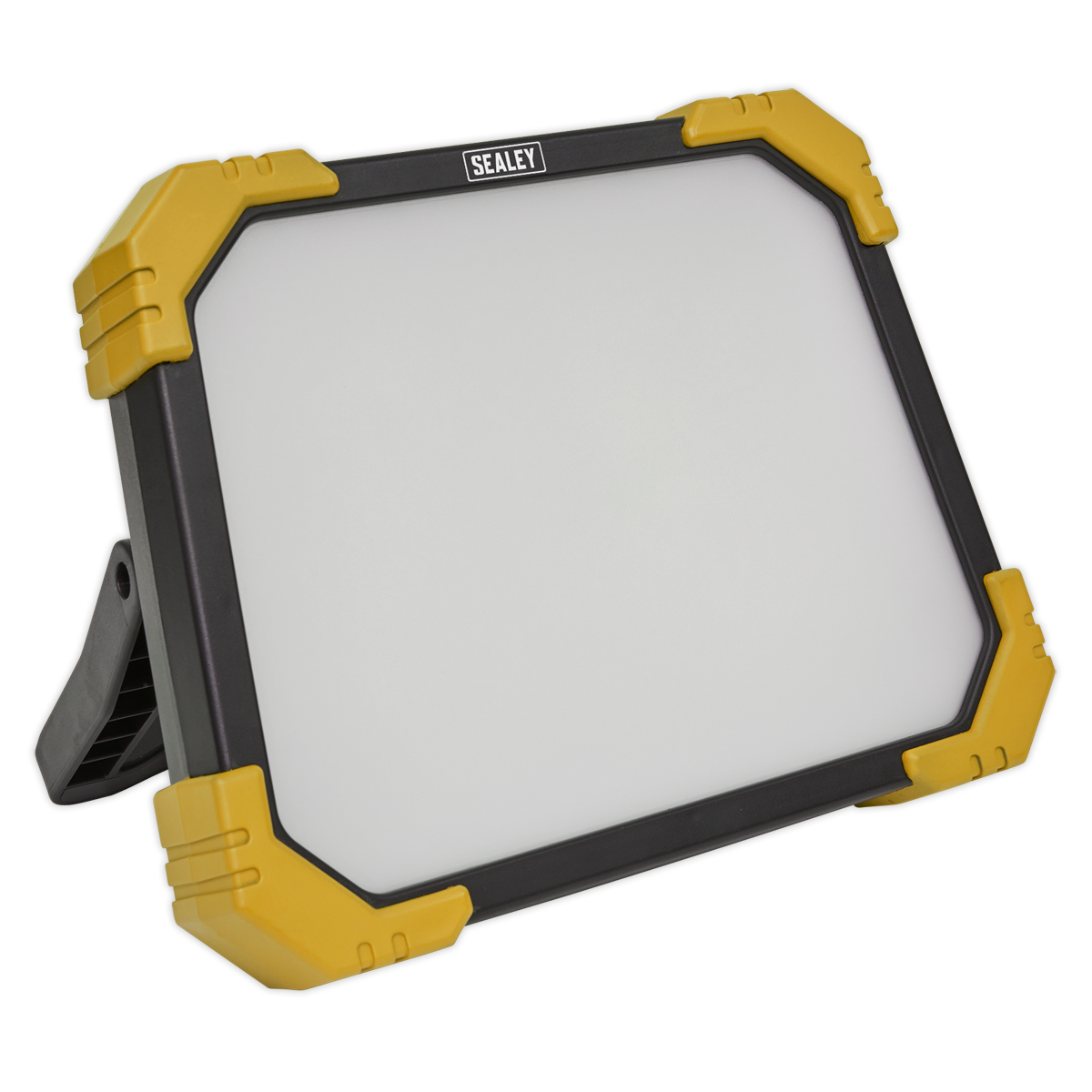 The Sealey Site Light 48W SMD LED - 110V (model LED48110) is a rectangular floodlight with a heavy-duty design featuring a black frame and yellow corner guards. Supported by a stand, this powerful unit delivers ultra-bright illumination for all your lighting needs.