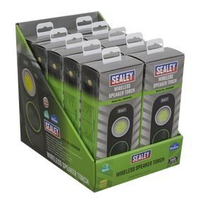 Display box containing Sealey Rechargeable Torch with Wireless Speaker 10W COB LED, organized in individual packaging. Packaging highlights Bluetooth connectivity, wireless music playback, and includes a built-in LED torch.
