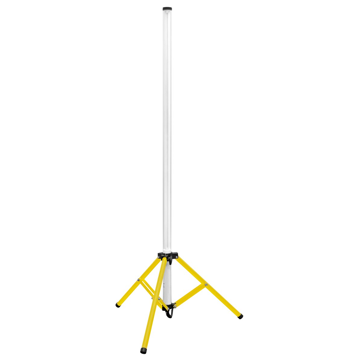 A tall, tubular Sealey Slim Standing Floodlight 360° 60W SMD LED 110V (LED60110V) on a yellow, foldable tripod stand is shown against a white background.