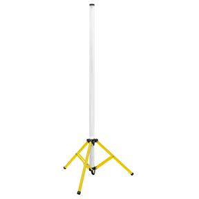 A tall, tubular Sealey Slim Standing Floodlight 360° 60W SMD LED 110V (LED60110V) on a yellow, foldable tripod stand is shown against a white background.
