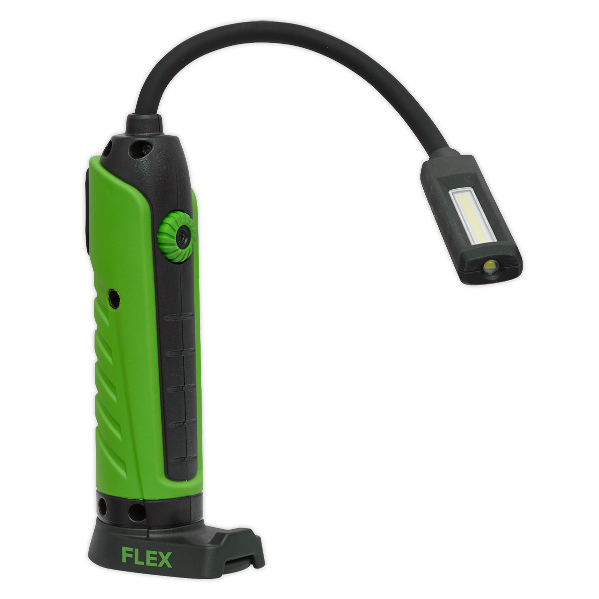 The Sealey Flexi Rechargeable Inspection Light, model LEDFLEXG, is a green and black flexible work light featuring a 5W COB LED and a 3W SMD LED. The base is labeled "FLEX," and it boasts a bendable neck along with an adjustable head for precise illumination, complemented by its versatile 360° design.