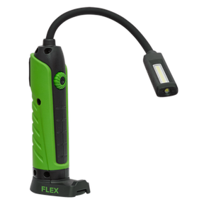 The Sealey Flexi Rechargeable Inspection Light, model LEDFLEXG, is a green and black flexible work light featuring a 5W COB LED and a 3W SMD LED. The base is labeled "FLEX," and it boasts a bendable neck along with an adjustable head for precise illumination, complemented by its versatile 360° design.